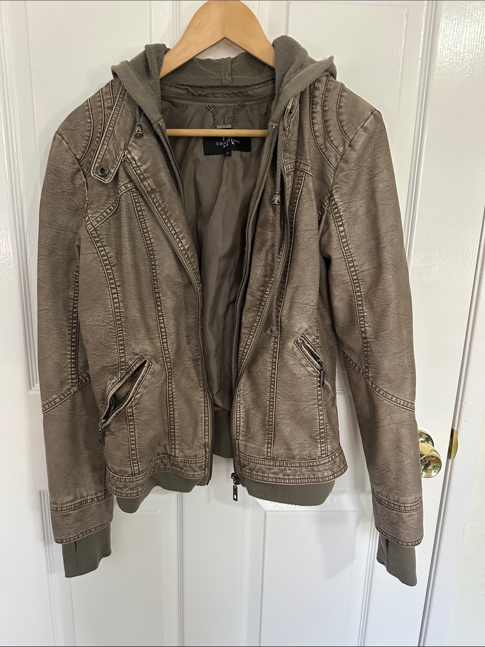 Brown leather jacket with sweatshirt hoodie